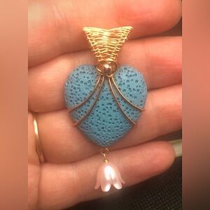Wire Wrapped Blue Lava Rock Heart Pendant Necklace Handmade OOAK